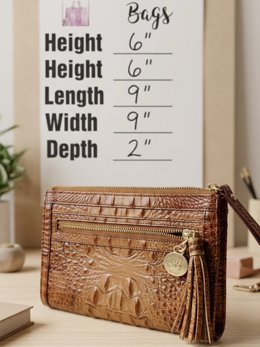 Brahmin Brown Embossed Leather Clutch/Wristlet with Tassel & Gold medallion